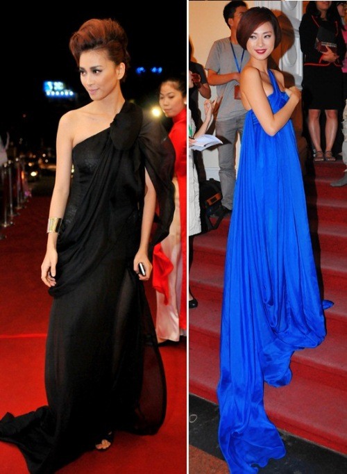 Váy lệch vai vẫn trở thành lựa chọn hàng đầu của các sao nữ Việt năm 2011, đả nữ Ngô Thanh Vân không nằm ngoài xu hướng thời trang này. (Ảnh: 2en)